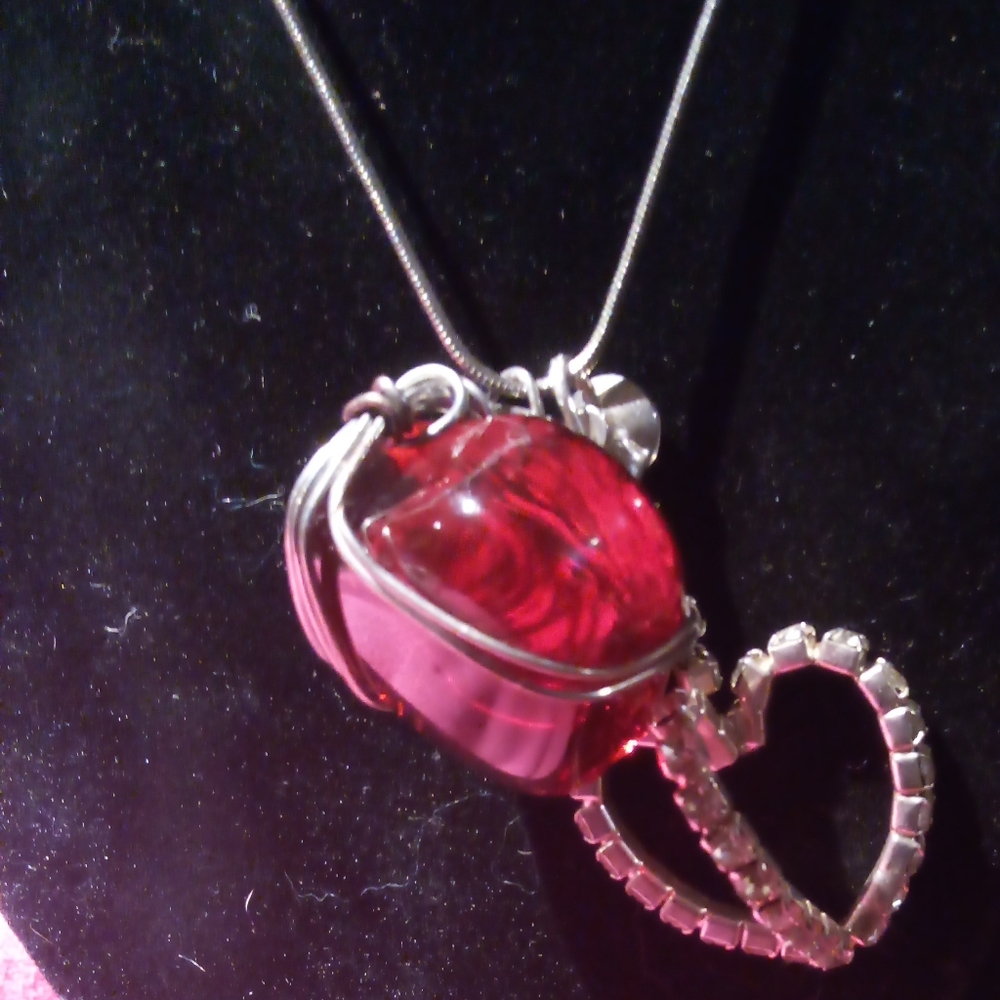 Silver with red glass crystal and crystal diamonds heart necklace with gift box